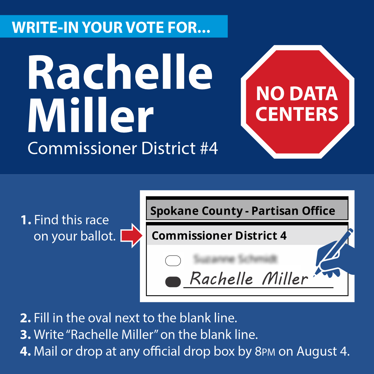 Write in your vote for Rachelle Miller, Spokane County Commissioner District 4, No Data Centers, Primary August 4